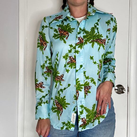 Vintage 1970s Cheetah Jungle Leopard Print Button Up Blouse Long Sleeve AS IS - Picture 4 of 12